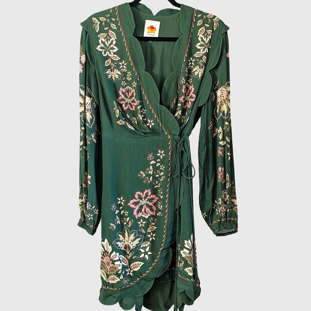 Farm Rio Garden Delight Long Sleeve Wrap Dress L Mini Floral Scalloped Forest